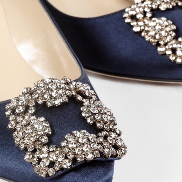 Manolo Blahnik Hangisi Blue Satin Jewel Pumps - Picture 8 of 11